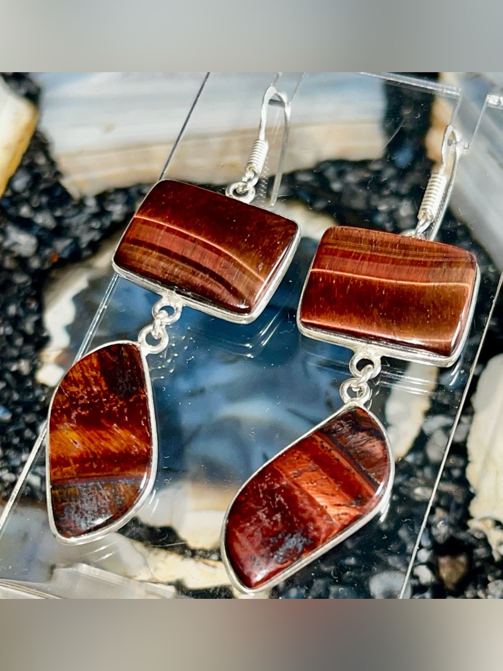 Dragon Red Golden Brown Tiger Eye Earrings 2 1/2”
